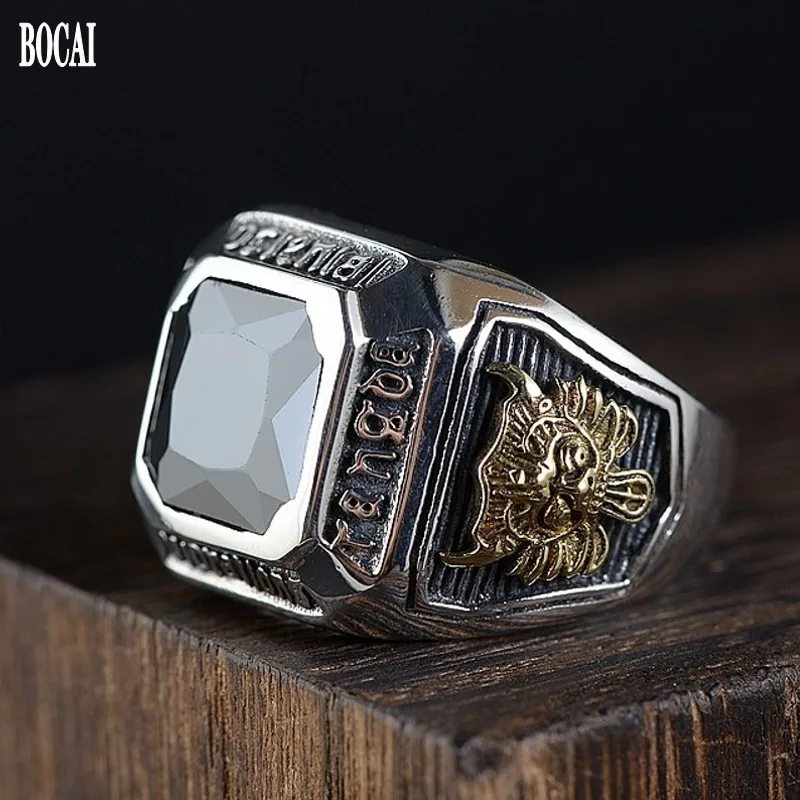Мужское кольцо из чистого серебра пробы Открытое тайского с инкрустацией