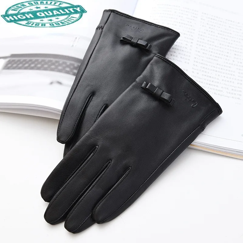 

Fashion New Real Women's Leather Winter Black Warm Plus Velvet Gloves Famale Bow Korean Guantes Invierno SQQ384