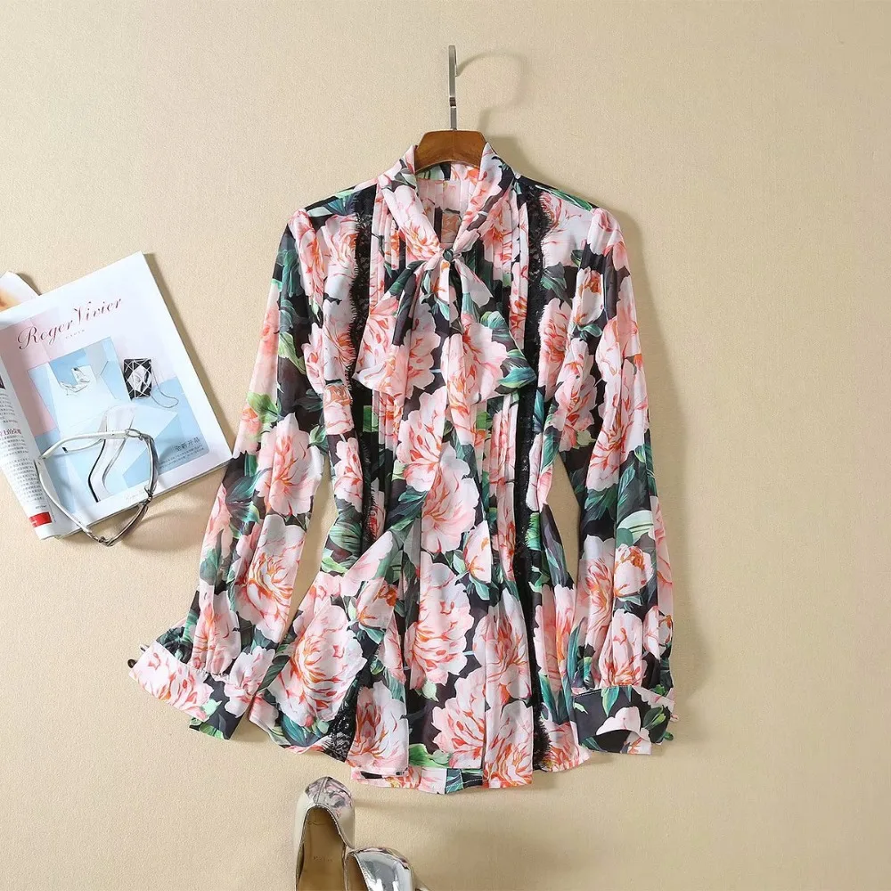 LD LINDA DELLA Autumn Fashion Elegant Blouses Women's Bow Collar Pleated Lace Floral Print Vintage Shirt Holiday Casual Tops