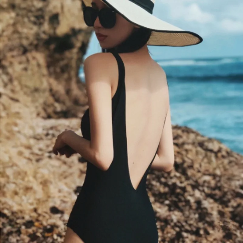 

2020 Woman Plus Size Swimsuit One Piece Backless Round Collar Suit for Women Big XL Swimming Bather Female Black Sexy Swimwear