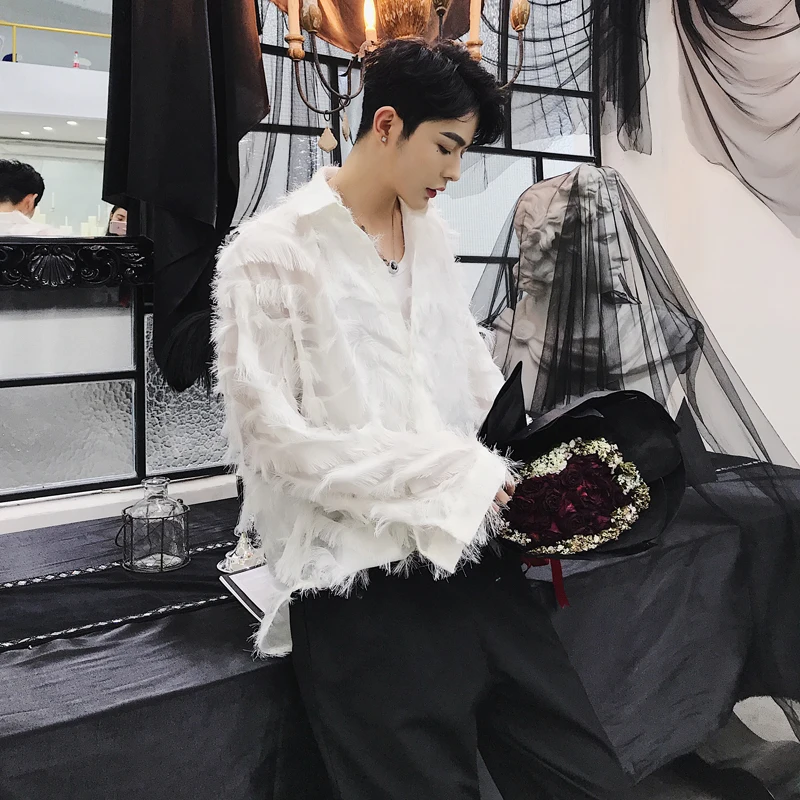 

Spring autumn men feather long sleeve shirt black white breathable oversize women shirts vintage nightclub singer stage blouse