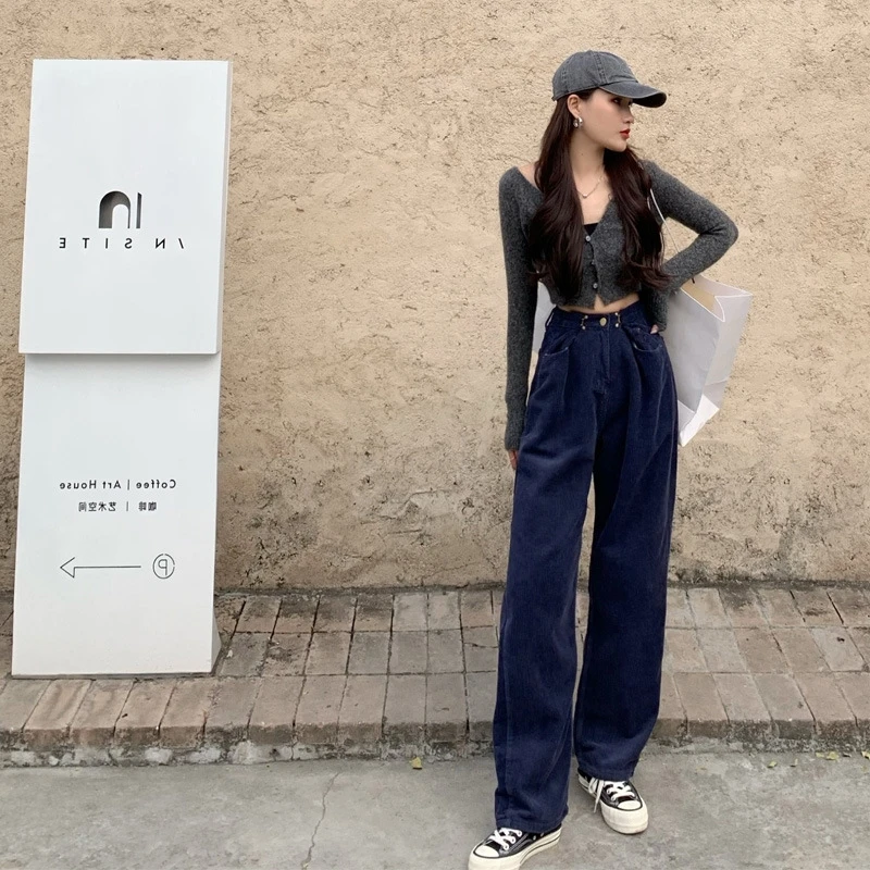 

Long Corduroy Pants For Women High Waist Spring Autumn Fashion Elegant Casual Office Lady Straight Trouser