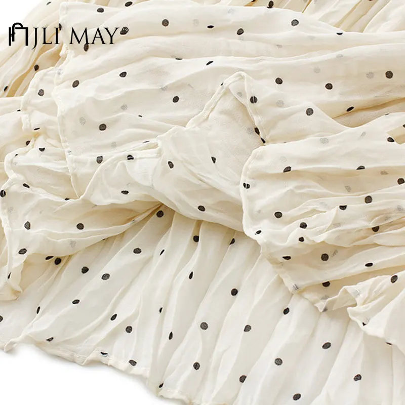 

JLI MAY Women's Polka Dot Skirt Polyester Summer Elastic Waist Empire A-Line Slim Sweet Long Skirt