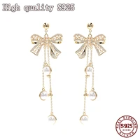 s925 silver fashionable pearl silver needle earrings bowknot long tassel women earrings high quality