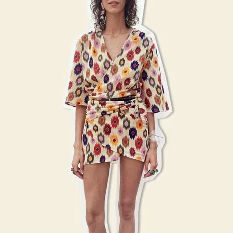 

Женское винтажное Плиссированное мини-платье KUMSVAG, элегантное уличное платье с коротким рукавом, V-образным вырезом и боковым бантом, лето ...