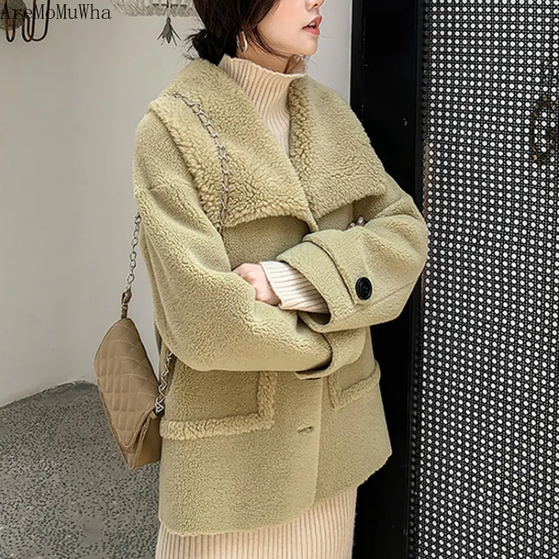 Новое зимнее меховое пальто AreMoMuWha из овечьей шерсти Дамское Свободное с