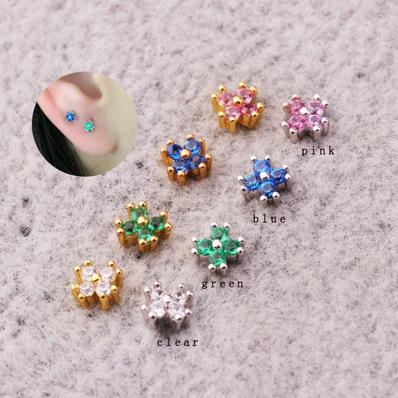 Sellsets 1 Piece 16g new arrival green pink blue CZ tiny flower women ear daith tragus rook helix piercing studs jewelry | Украшения и