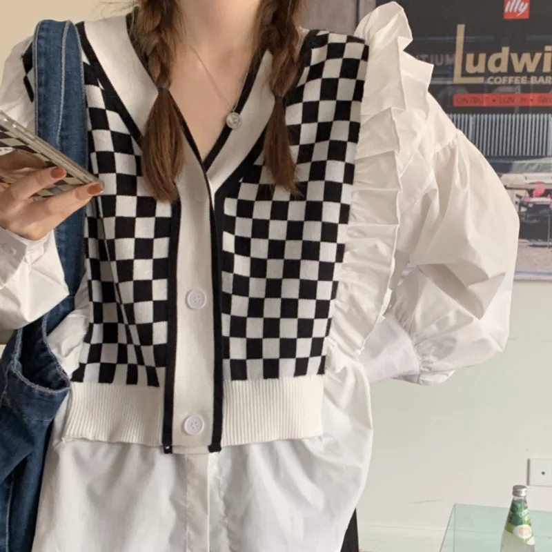 

Контрастная Шахматная клетчатая рубашка с V-образным вырезом, женская рубашка на весну и осень, новинка 2021, вязаный Свободный Топ с соединен...