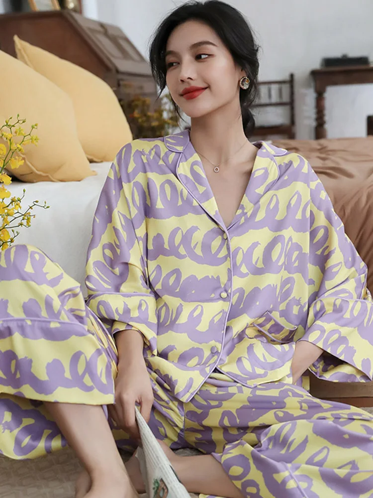 New Home Clothes Ice Silk Suit Women's Long Sleeved Trousers Loose Version Pajamas Women's Home Clothes