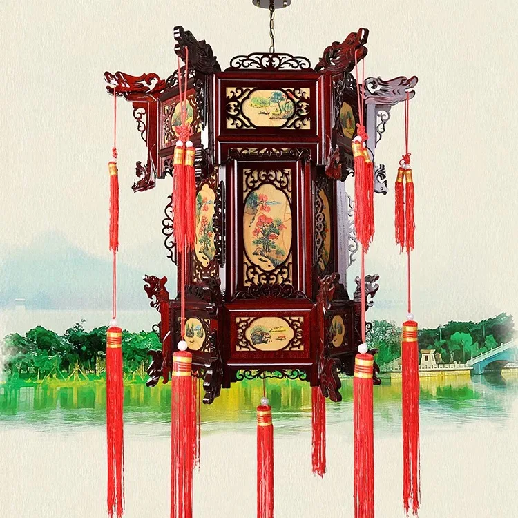 Подвесной светильник красного цвета из цельного дерева для дворца подвесной