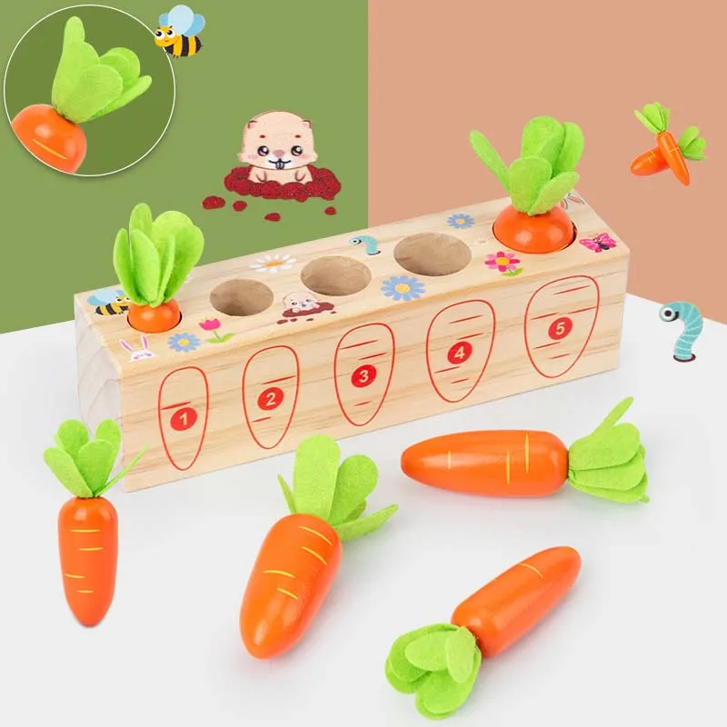 

New Cute Wooden Montessori Carrot Pull Toy Early Educational Building Block Fruit Game For hildhood Education Kids Toys