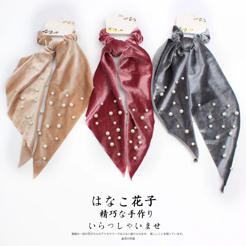 Elegant Velvet Ribbon Scrunchies Pearl Hair Ring Woman Hair Accessories Streamer Hair Ring Ladies Hair Ties Girls Rubber Band