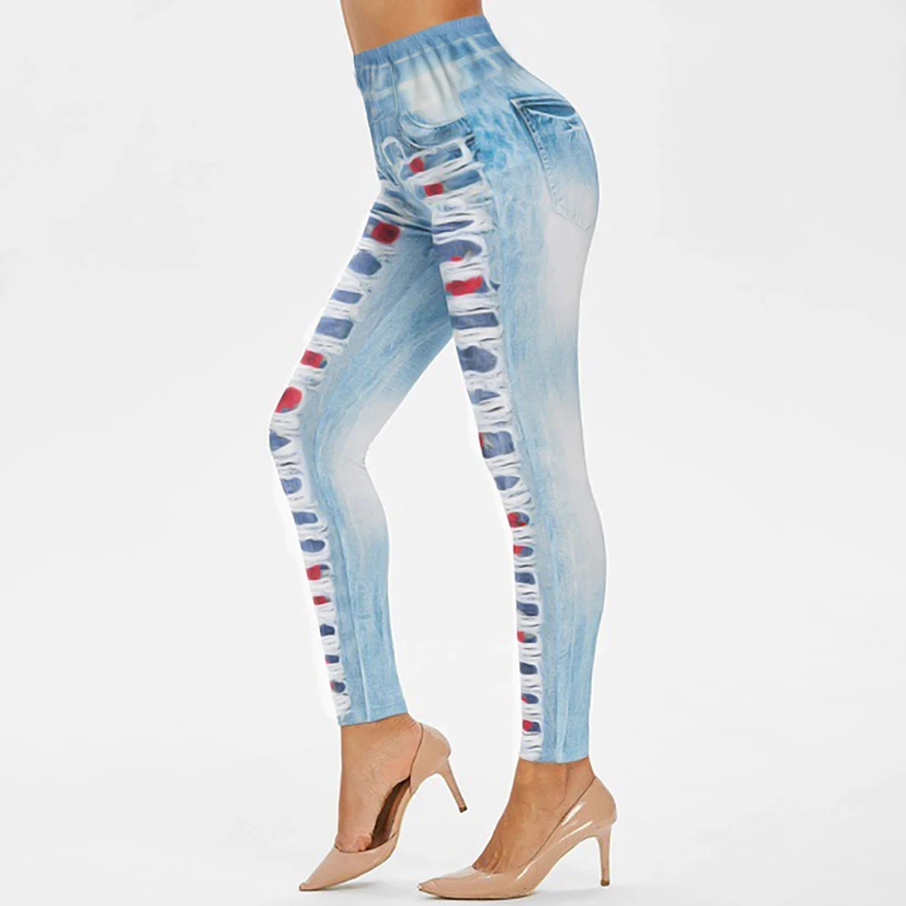 Women Skinny Jeans Thin High Waist Lady Jeans Ripped Pencil Pants Clubwear Flower Tribal Gothic Aloha Colorful Female Trousers