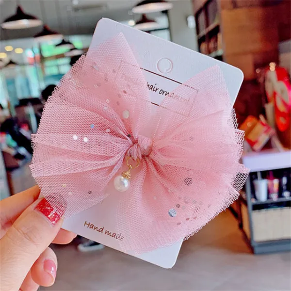 pink 10 шт./партия, сетчатая заколка для волос для маленьких девочек, аксессуары для волос, заколка для волос, красивая пряжа, бант, жемчужная подвеска, заколка для волос принцессы - Цвет: pink