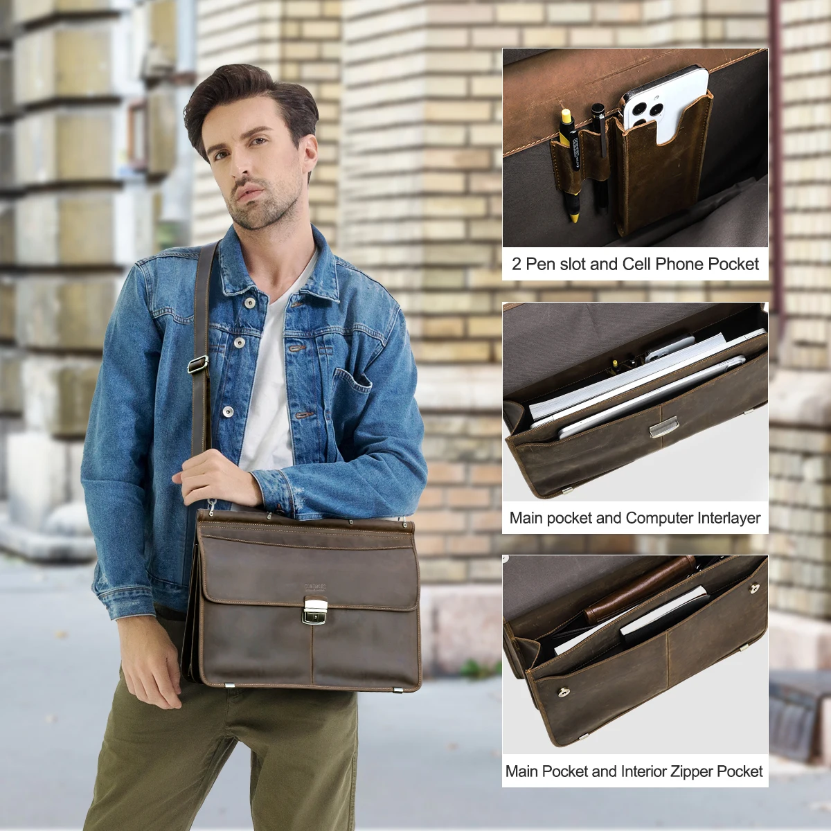 Retro Laptop Briefcase Bag Men Genuine Leather Handbags Casual  Business Tote Bags  Male Shoulder Crossbody bag for documents
