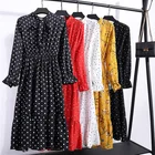 Женское Повседневное платье в черный горошек, винтажное шифоновое платье-рубашка с цветочным принтом, платье-миди с длинным рукавом и бантом, размера плюс, осень 2020