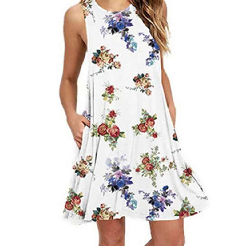 

Women Dress 2020 New Arrival Floral Print Sleeveless Summer Dress O Neck Casual Loose Mini Dresses Female Vestidos