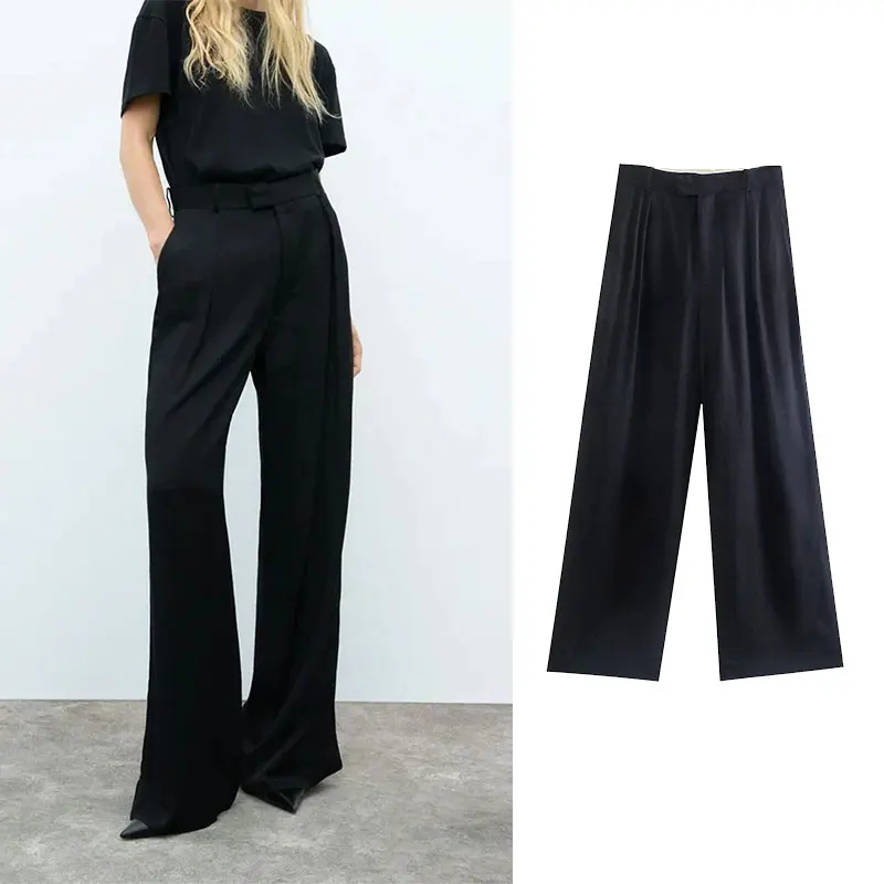 

Женские брюки с широкими штанинами Za, черные спортивные брюки в простом стиле, модные офисные свободные уличные винтажные повседневные шта...