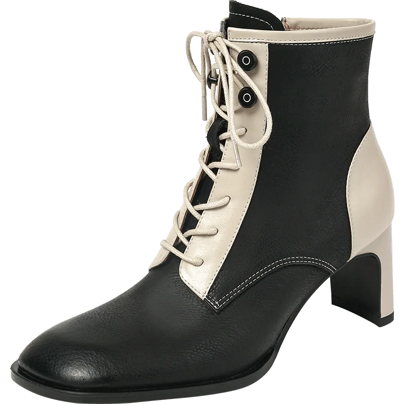 

2021 Women Ankle Boots Autumn Winter Mature Office Lady Party New Cross-Tied High Heels Full Genuine Leather Shoes Woman