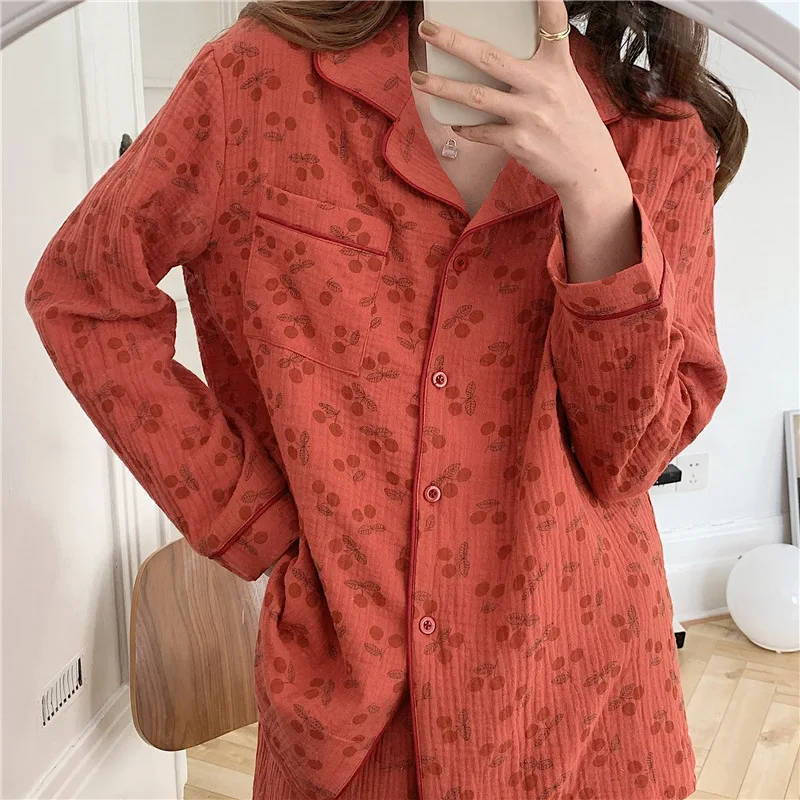 

Female Set Pure Cotton Gauze Pajamas Women Autumn Long-sleeved Cardigan Cherry Home Clothes Two-piece Suit Pajamas for Women