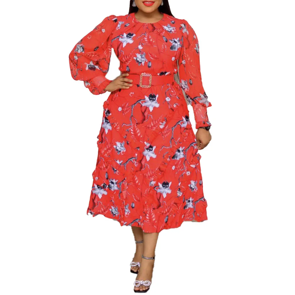 

2021 Summer New African Fashion Oversize Loose Casual Printing Splicing High Waist Women's Dress Round Neck Long Sleeve