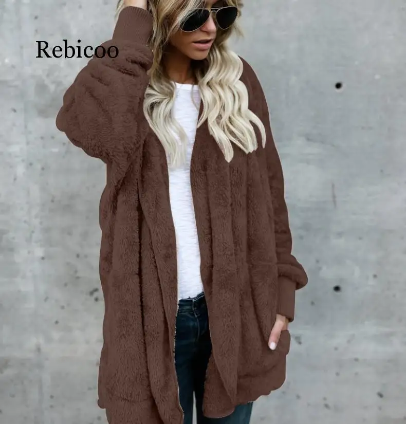 

Large size S-5XL artificial fur Teddy bear jacket jacket female fashion open knit winter hooded jacket female long sleeve fuzzy