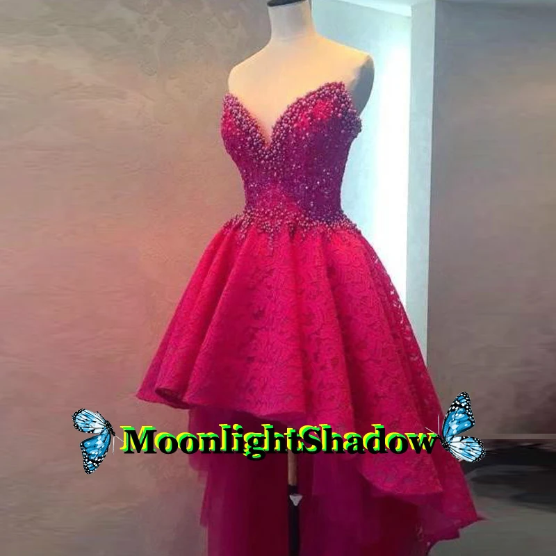 

Fuschia Lace Evening Dress Appliques High Low Pearls Dubai Arabic Saudi Arabian Vestidos De Festa Graduate Party Prom