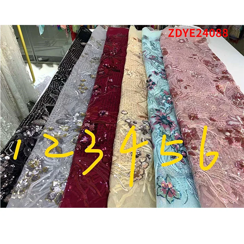 

2021 High Quality Nigerian French Guipure Tulle Material African Sequins Net Lace Fabric For Wedding Dresses ZDYE24088