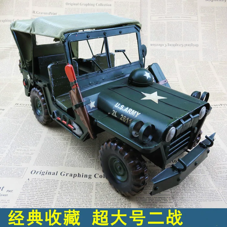 

42x21x24 см военная модель автомобиля Классическая большая чистая ручная работа жестяная машина Второй мировой войны литые игрушки для детей и...