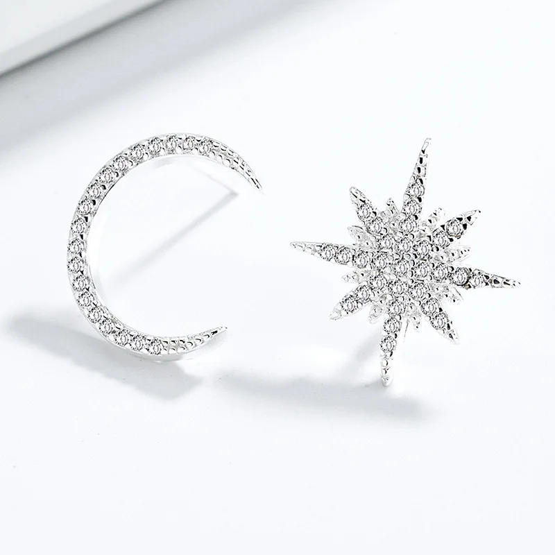 

UUNICO new Luxury S925 Sterling Silver Earrings Simple Wind Xingyue Asymmetric Earrings Personality Inlaid Zircon Ladies Jewelry