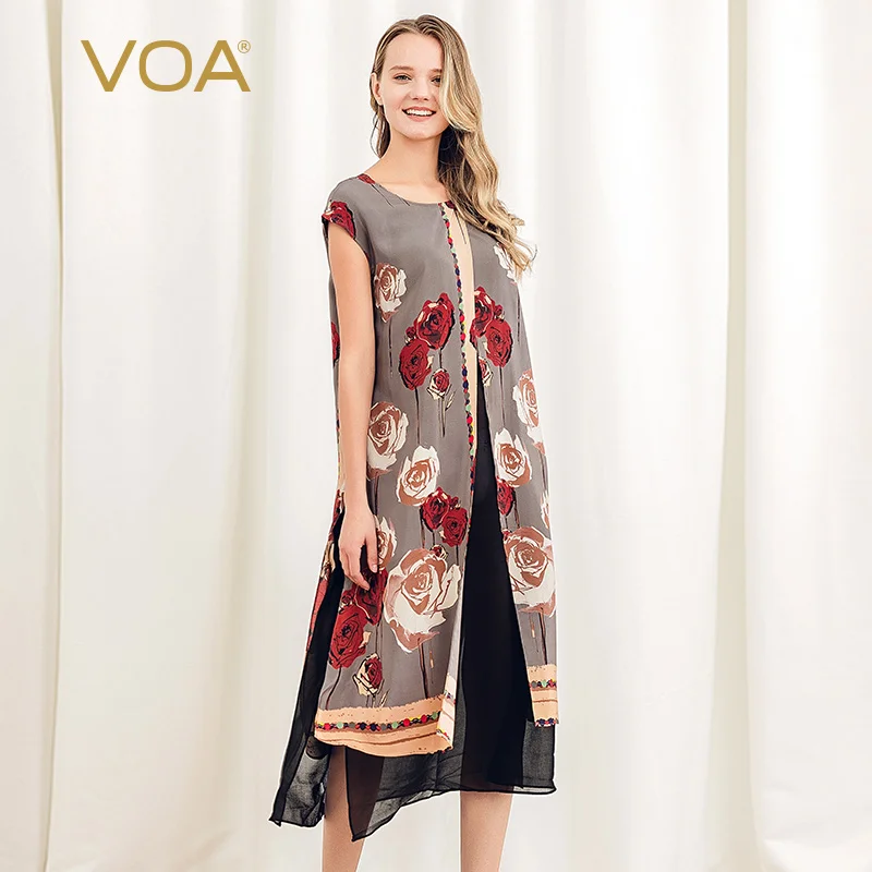 VOA шелковое платье с красной розой имитацией двух частей а образное свободное