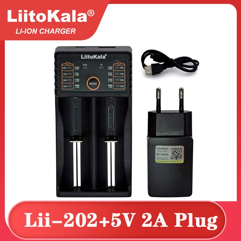 Liitokala-cargador inteligente de batería de iones de litio, enchufe de 5V y 2A, Lii-202 18650, 1,2, 3,7 V, 3,2 V, 3,85 V, 26650 V, AA, 10440, 14500, 16340, NiMH