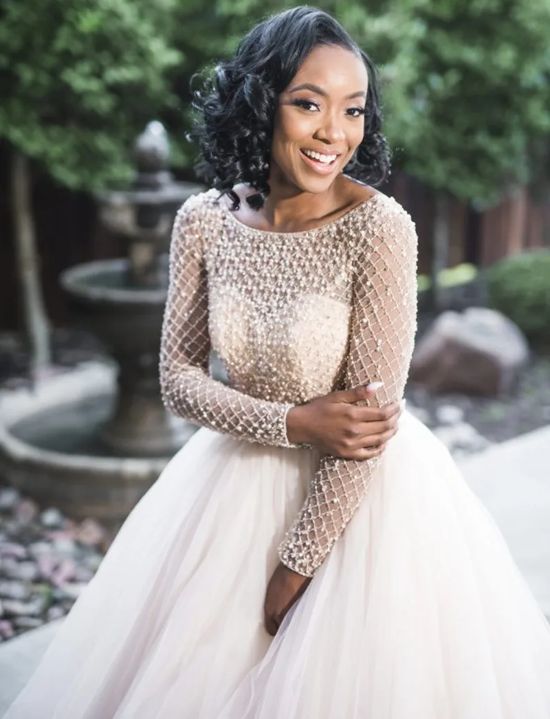 

Princess Bridal Gowns Wedding Dresses 2021 Scoop Backless Long Sleeve Long Train Pearls Beads Vestidos De Mariee Plus Size