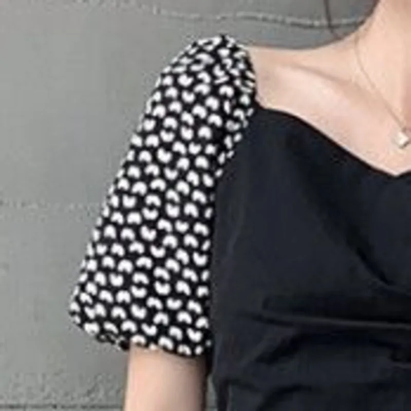 

High Quality Dresses Woman Summer 2021 Korean Casual Print Female Square Collar Patchwork Short Sleeve Robe Vestido De Mujer New