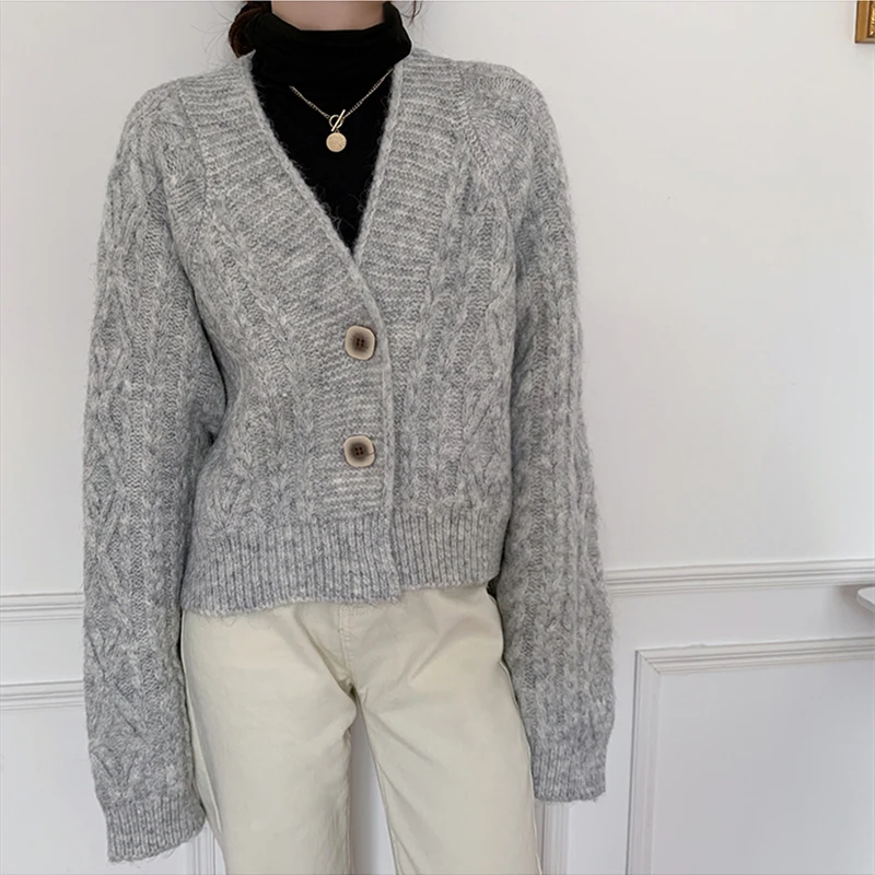 

Women Knitted Cardigan Sweater 2020 Autumn Winter V-Neck Long Sleeve Button Oversized Casual Thicken Solid Female Cardigan Tops