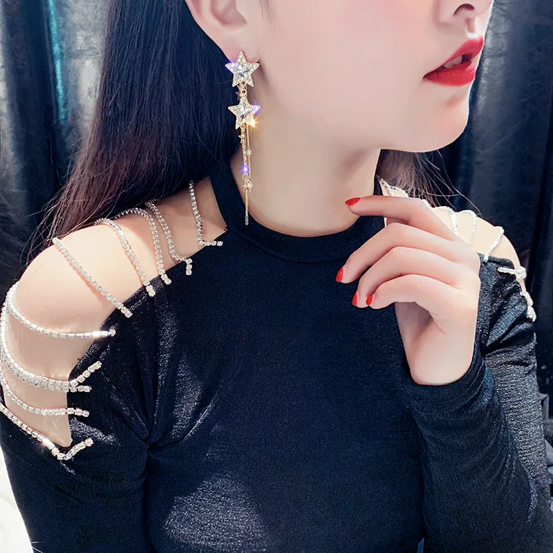 

Korean Shiny Star Drop Earrings for Women New Bijoux Long Tassel Blue Crystal Dangle Earrings Female Wedding Jewelry Accessories