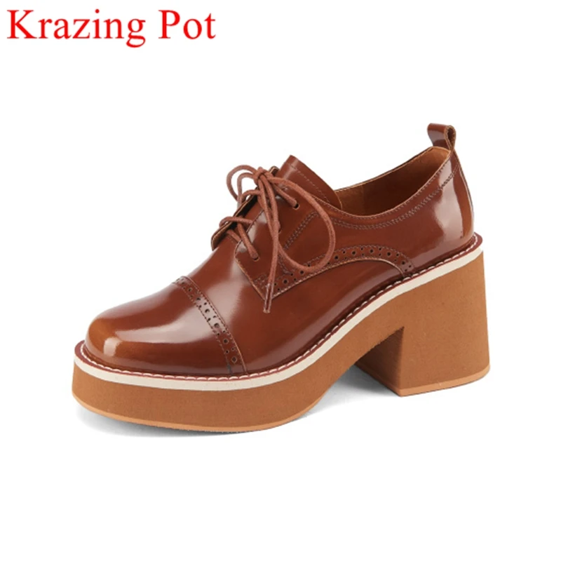 

Krazing Pot 2022 brand genuine leather platform high heels autumn casual shoes lace up patchwork solid office lady women pumps