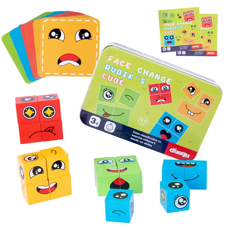 Cubo m&aacute;gico que cambia la cara de madera, bloques de construcci&oacute;n, caja de hierro, rompecabezas para ni&ntilde;os, juguetes interactivos de Educaci&oacute;n Temprana, regalos-3