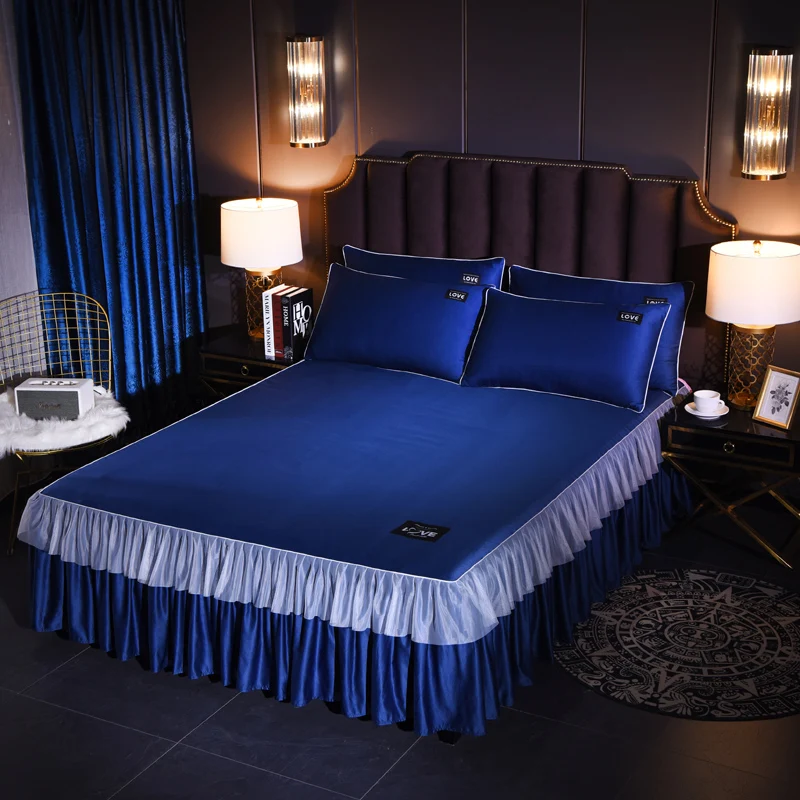 Unique Double lace design print bed cover With Fixing strap and pillowcase bedspread for bed for Home/hotel Decoration 10 color