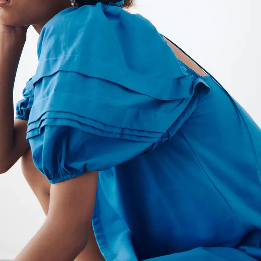 

2021 Za Summer Women New Chic Fashion Solid Color Mini Dress Vintage Puff Sleeve Backless Female Dresses Vestidos Mujer