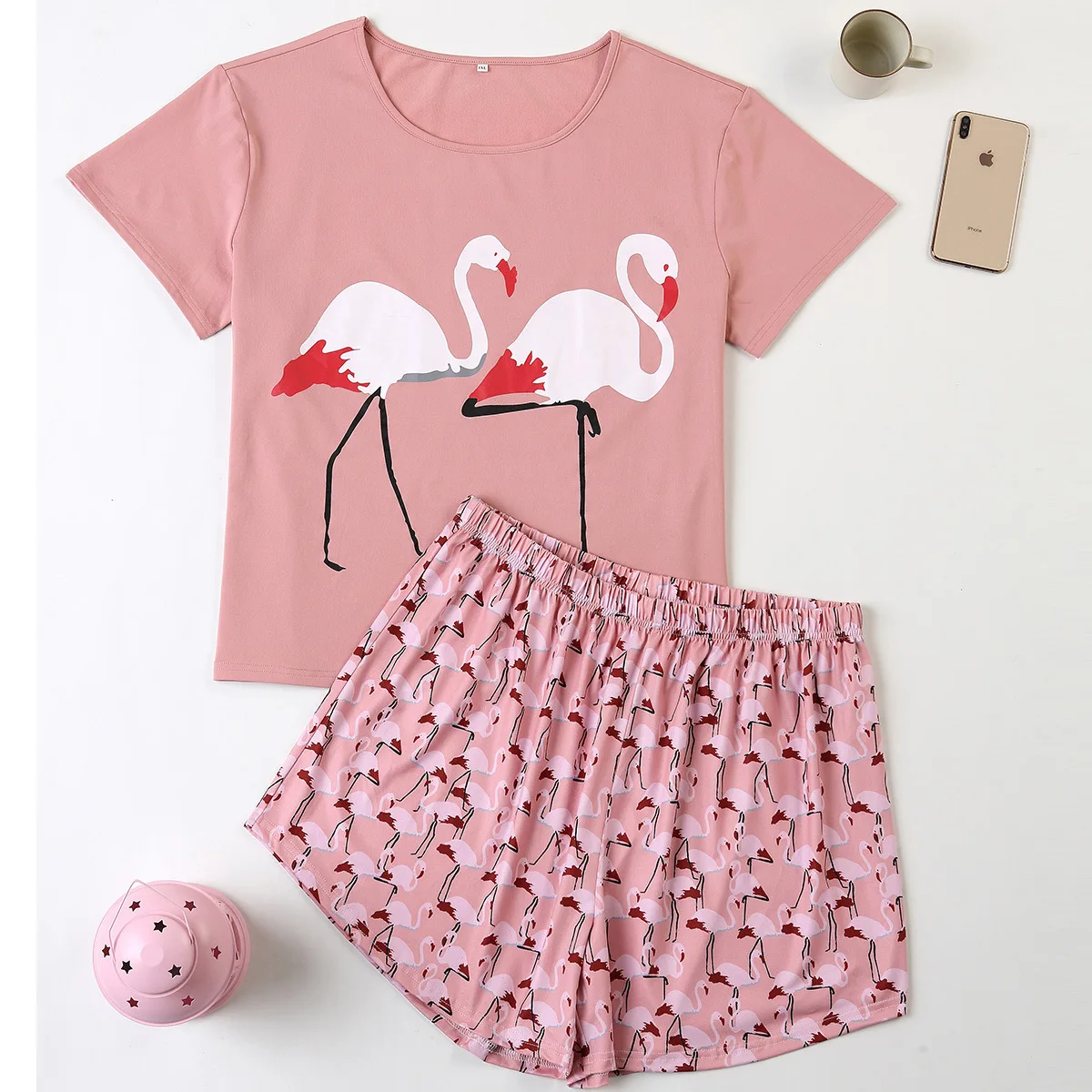 

Round NeckPlus Size Homewear Set Women's Pajamas Thousand-Crowned Crane Print Summer Short Sleeve Shorts