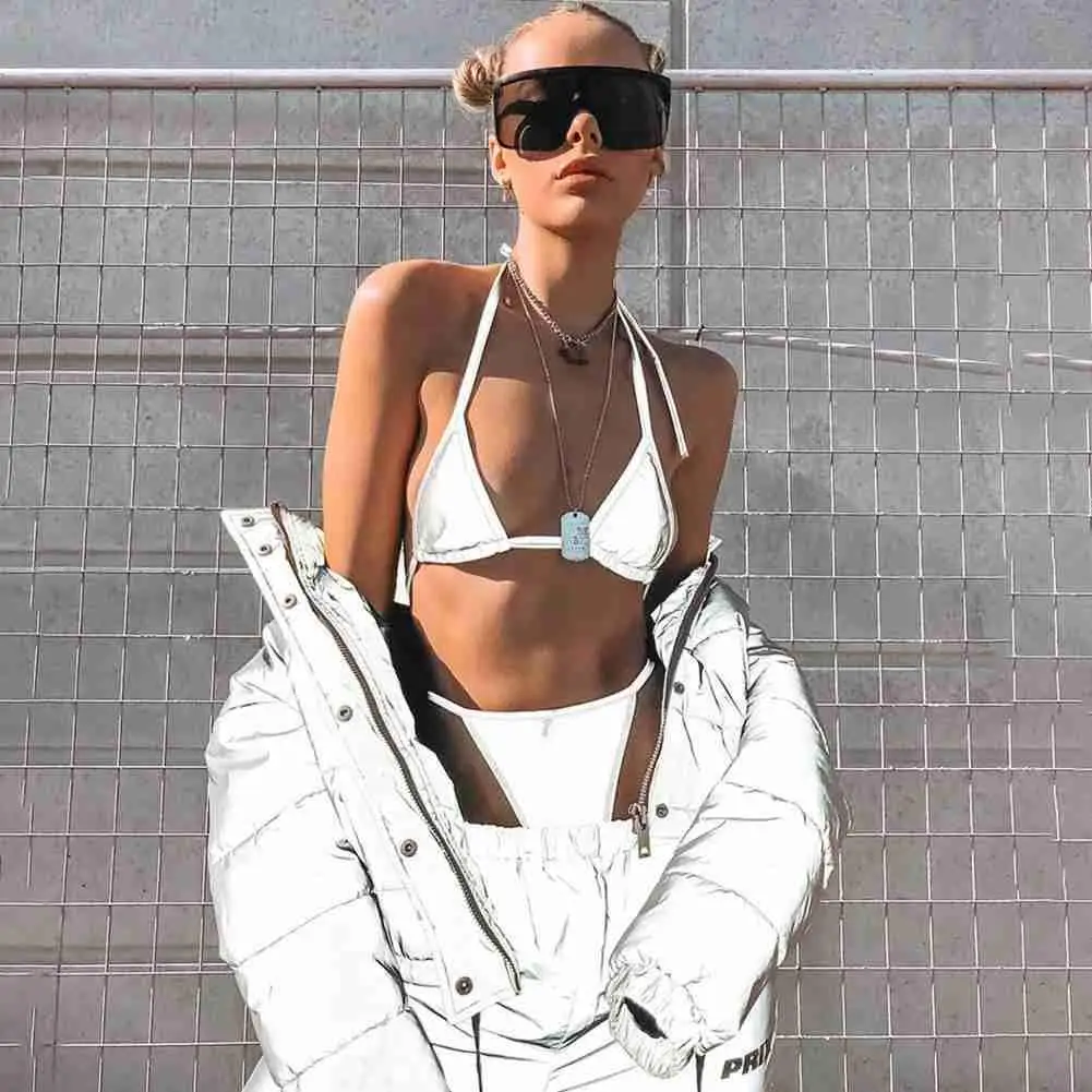 Раздельный комплект бикини модный серебристый ночной светоотражающий тканевый