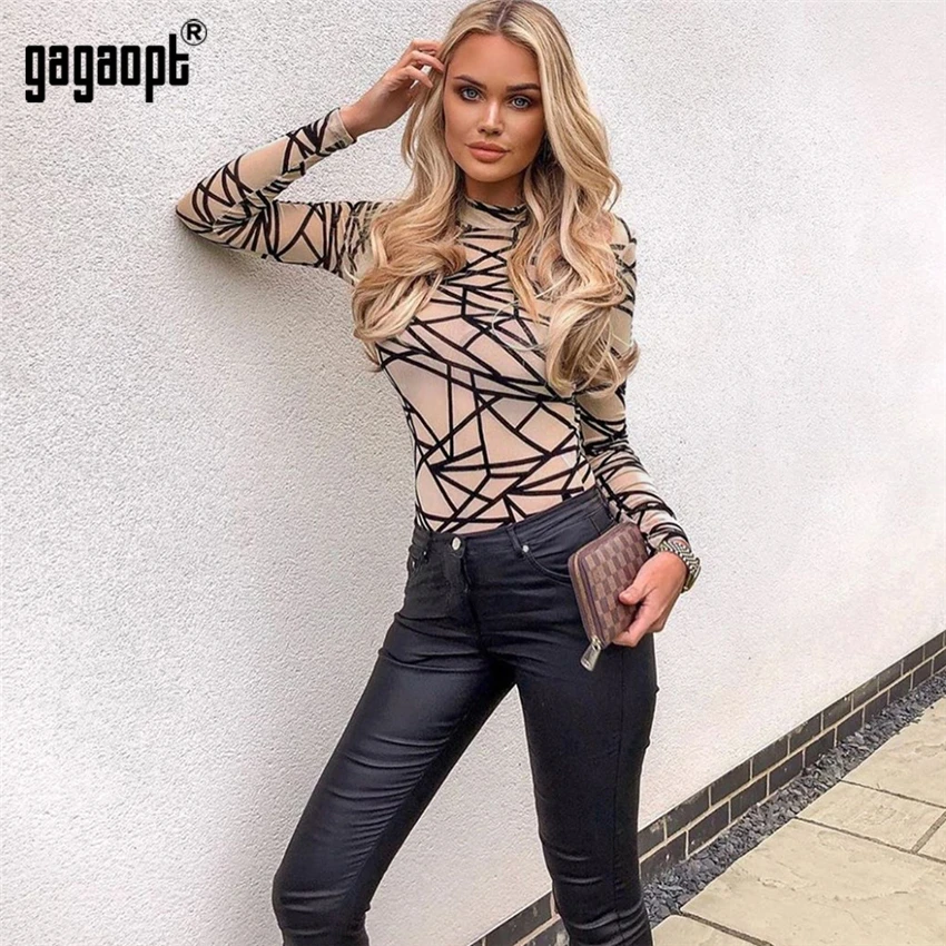 Gagaopt женские сексуальные с геометрическим принтом сетки Боди женские Клубные вечерние Спортивные Повседневные с длинным рукавом комбинезон