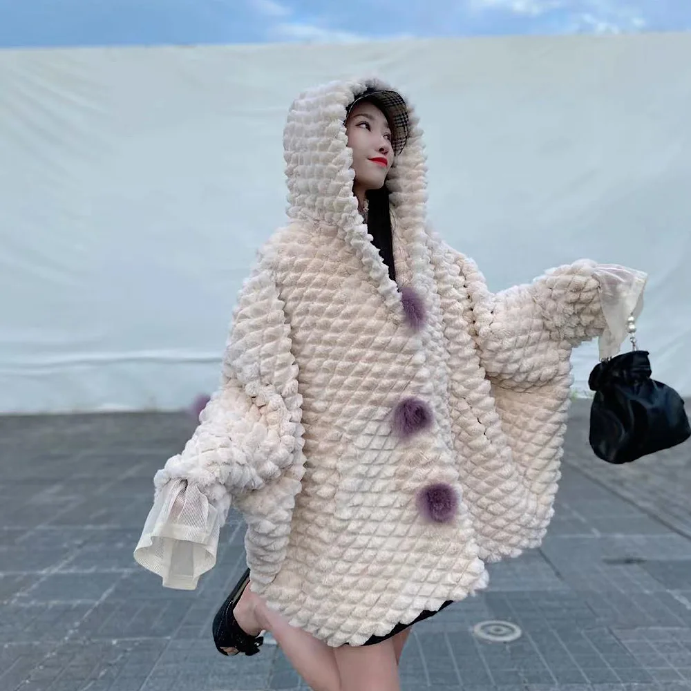 

Real Rex Rabbit Fur Coats With Lapel Collar Natural Whole Skin Genuine Loose bat sleeves Rex Rabbit Hooded Fur 2021New Winter