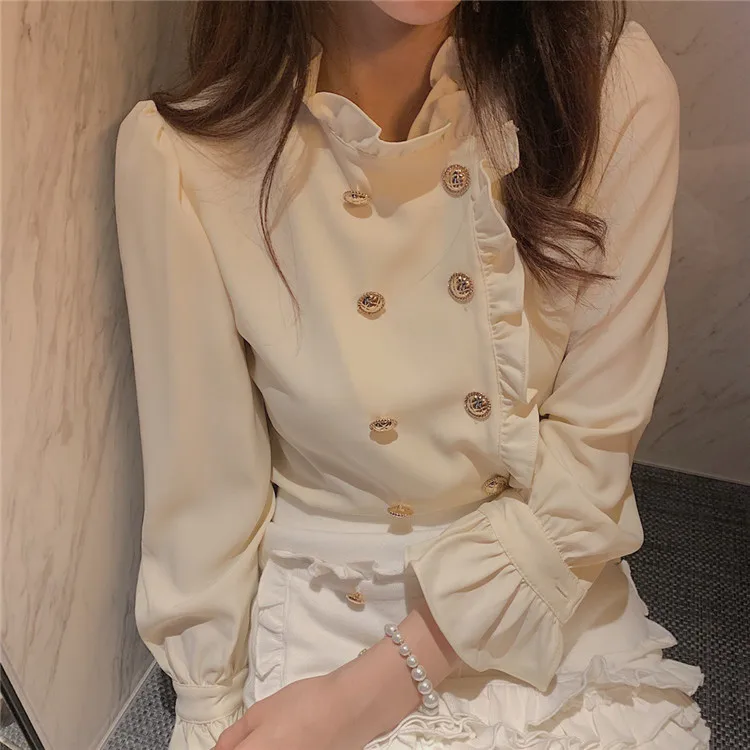 

TVVOVVIN 2021 Spring New Sweet Style Double Breasted Stand Collar Solid Color Spliced Ruffles Long Sleeve Shirt 2IIY