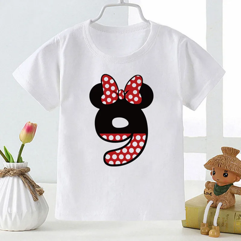 Minnie Mouse T-shirt For Girls Children Clothes Happy Birthday Numbers 0-9 Disney Cartoon Boy T shirt Top Harajuku Baby T-shirts
