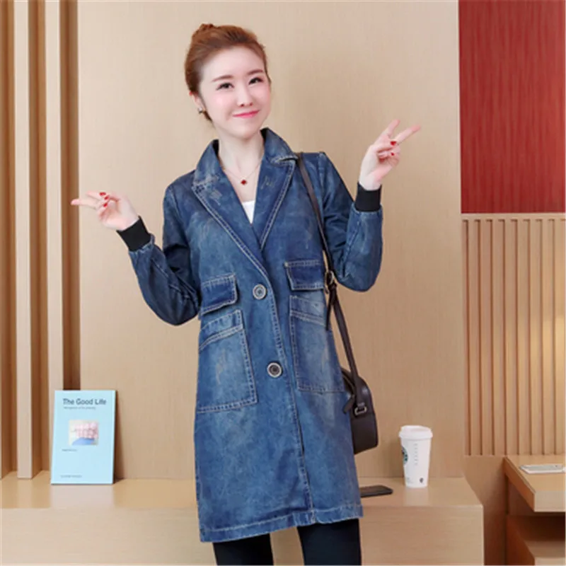 Новинка 2019 Модное Длинное джинсовое пальто для женщин весна-осень большой размер