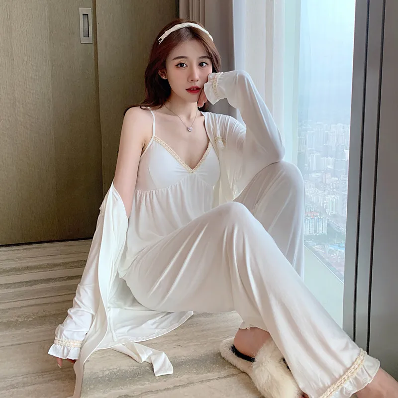 

Women Modal Robe Pajamas Sets 3PCS Bride Dressing Kimono Gown Sexy Strap Top Nightgown&Bathrobe Sleepwear Spring Loose Home Wear