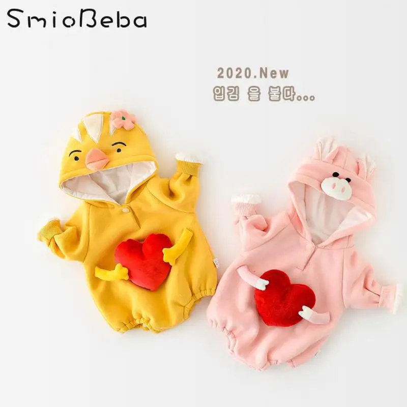

Детское боди с капюшоном и длинным рукавом, утепленный комбинезон для новорожденных, в Корейском стиле, с изображением свиньи и курицы и уде...