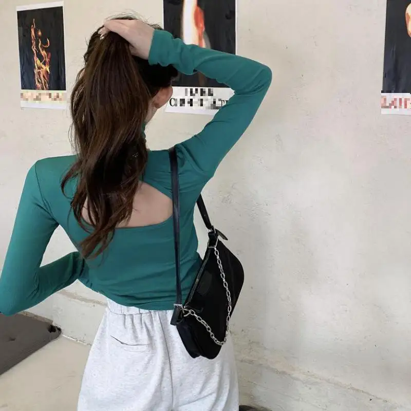 

Women Elastic Bottoming T Shirt Female High Collar Long Sleeve Slim Fit Office Ladies Sexy Back Hollow Out Women's Tops